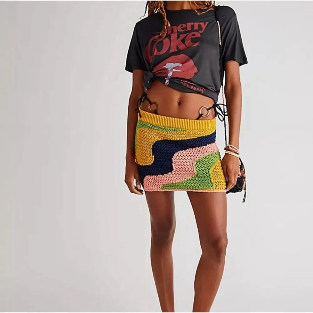 Free People Mila Crochet Mini Skirt Size L Forsythia Combo Cotton Boho NWT $108 - Picture 3 of 9